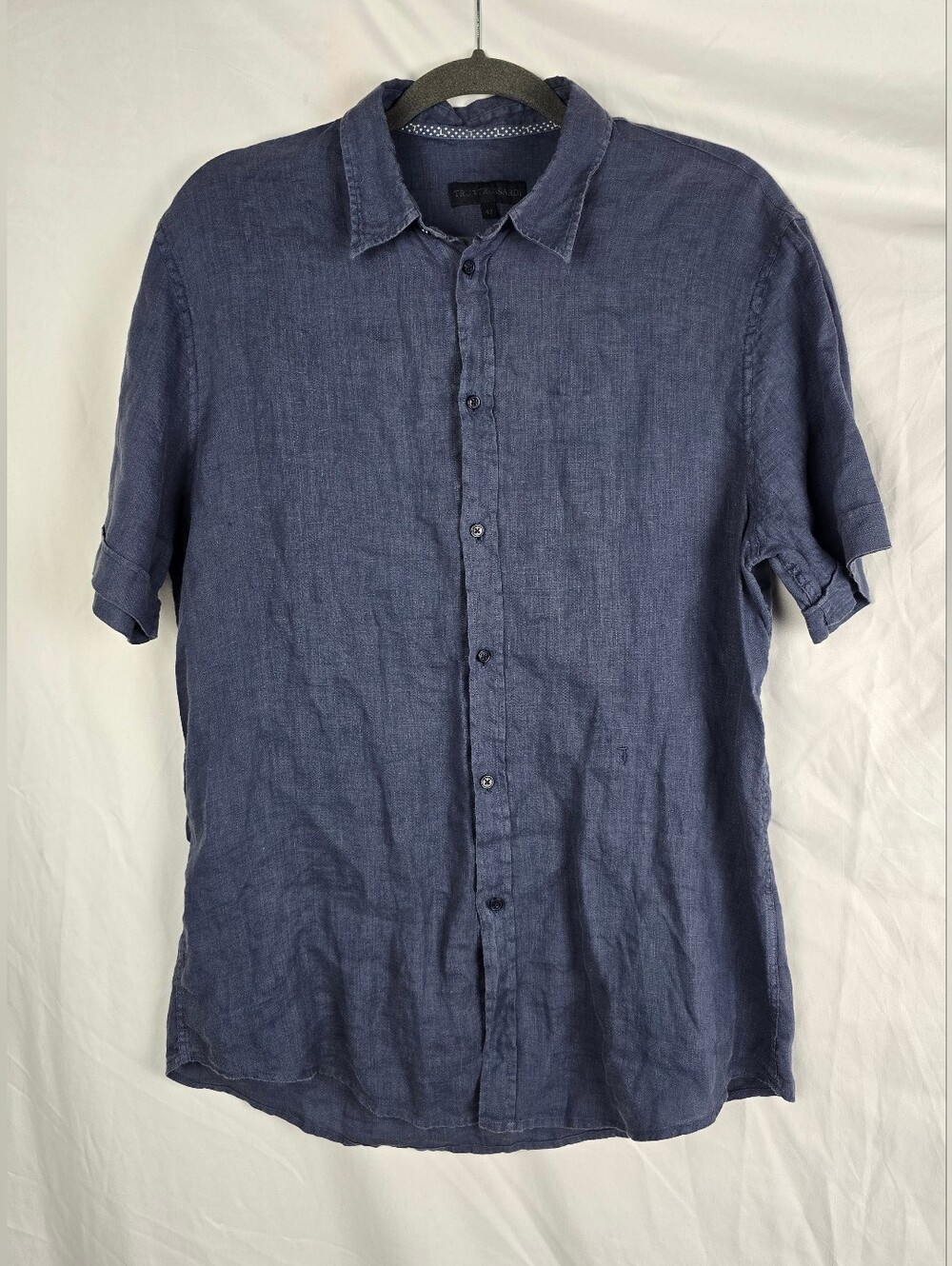 Tru Trussardi Blue Button-Up Linen Preppy Men's Short Sleeve Shirt sz 42 (L US)